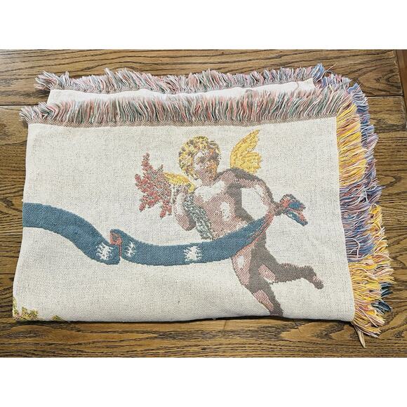 Thick Woven Blanket Tapestry Pink Flowers Floral Angel Cherub Cupid Fringe Cotto - Picture 1 of 16